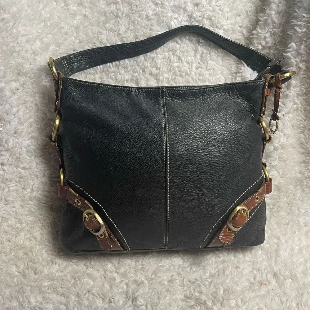 Luce pebble leather black large shoulder bag brown leather accents